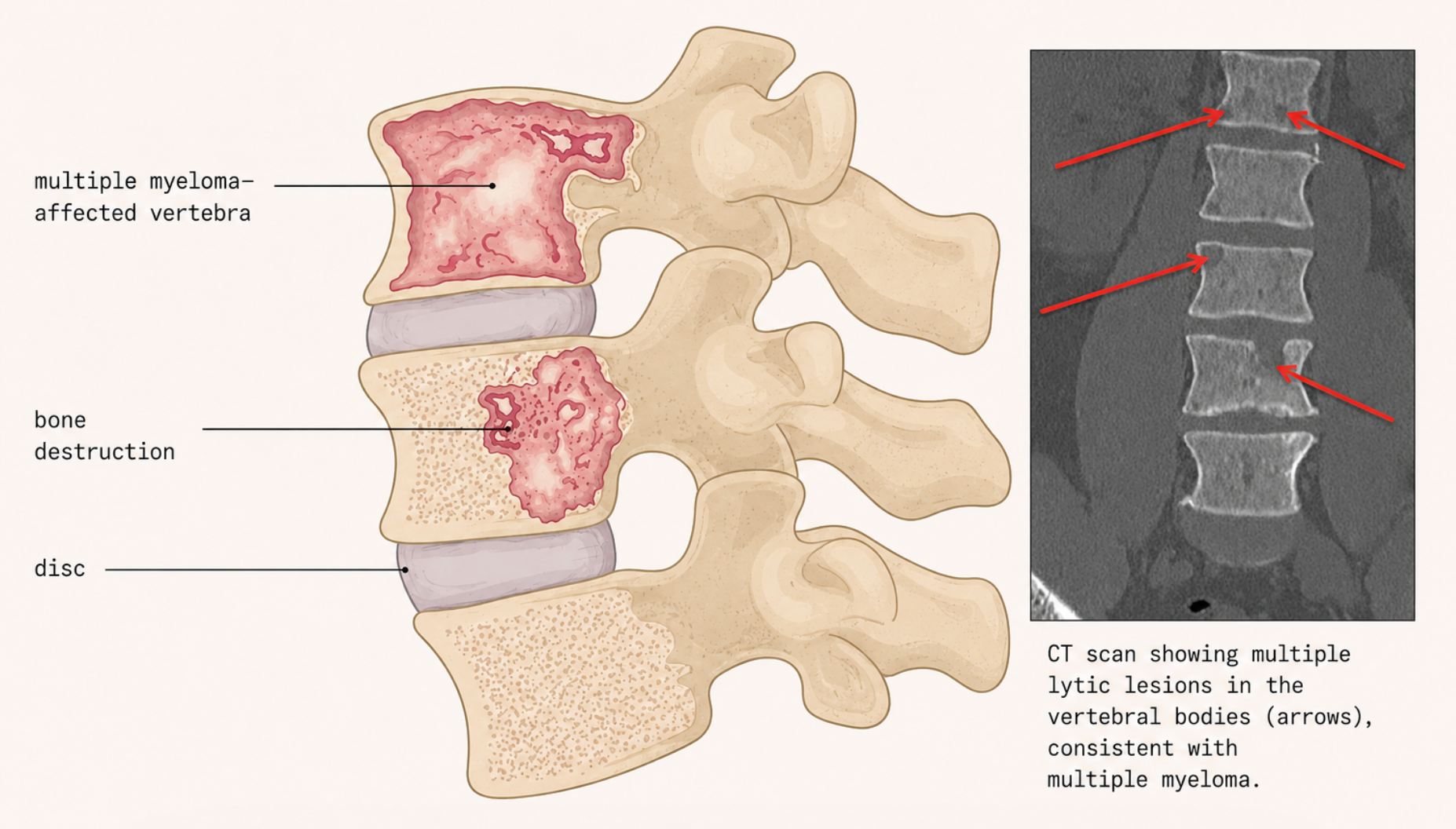 Multiple myeloma can damage bone, especially the vertebrae in the spine, leading to severe pain and impaired mobility.