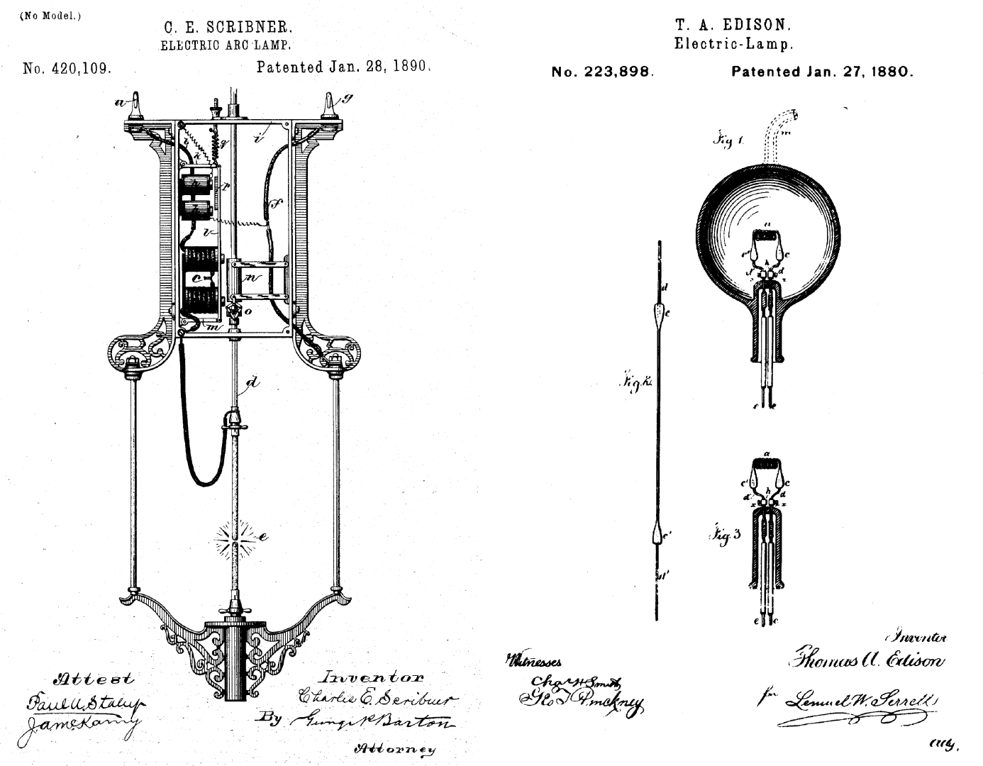 Western Electric patent (left) and Edison’s 1880 bulb patent (right).