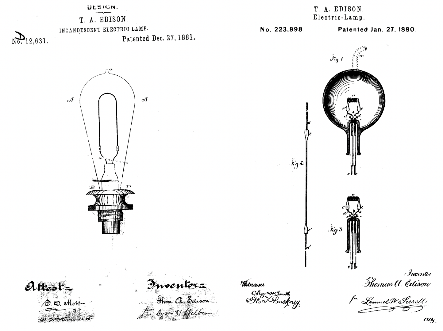 The pear shape of the new bulb (left) could accommodate more bend in the bamboo filaments than the older spherical shape (right).