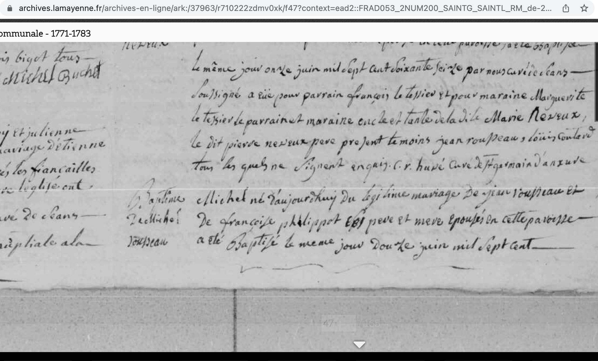 Scanned baptism record of son Michel Rousseau (1776–1853) from the website of the Departmental Archives of Mayenne.