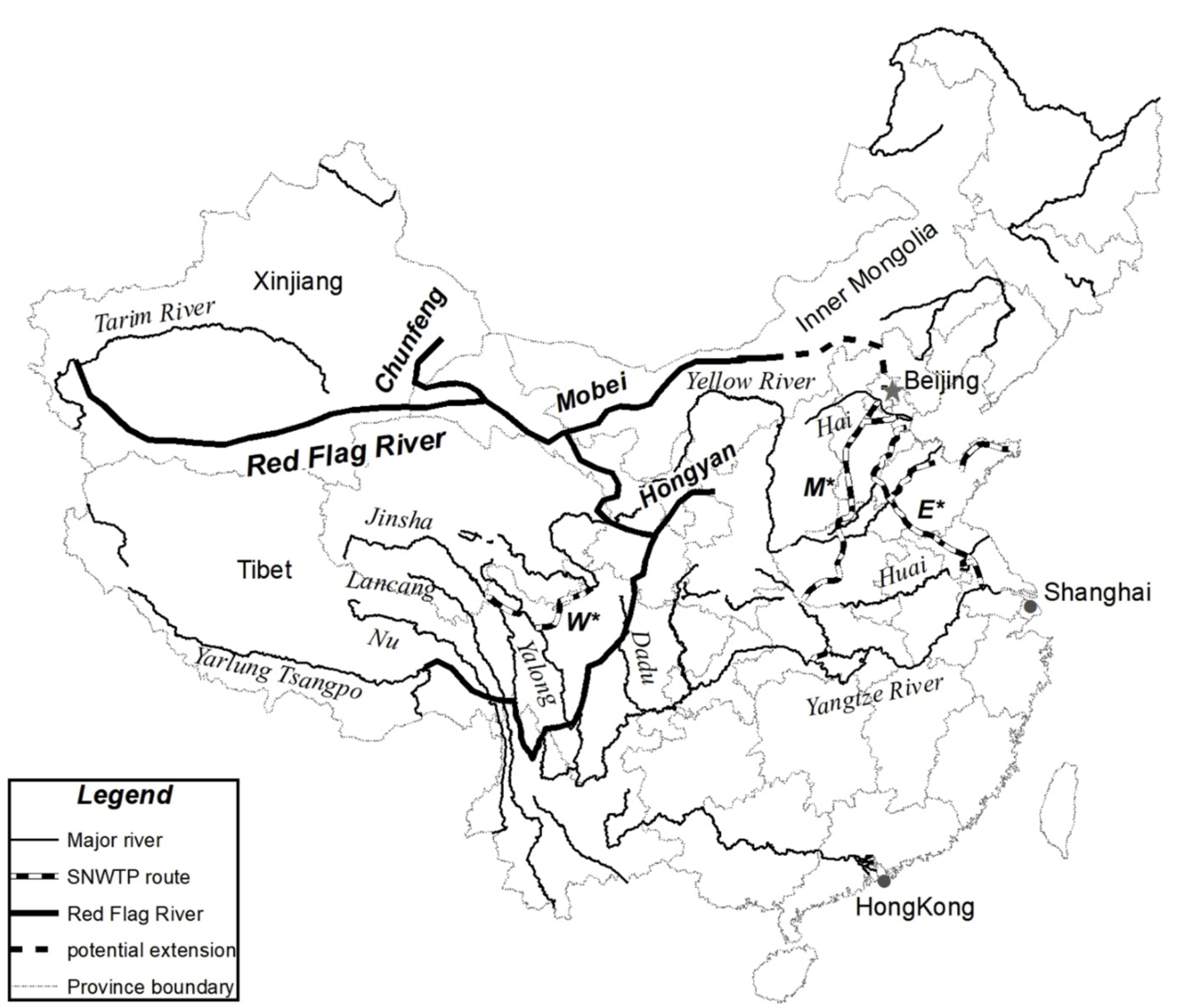The Red Flag River Project, a proposed diversion of the Brahmaputra River toward Xinjiang, officially announced in 2017. The proposal calls for the diversion of water from the great bend of the Yarlung Tsangpo (bottom left of map, known globally as the Brahmaputra River) to Xinjiang province, mainly for irrigation of the arid region. It evolved from a similar project called the Shoutian Canal first proposed in the 90s by Guo Kai.