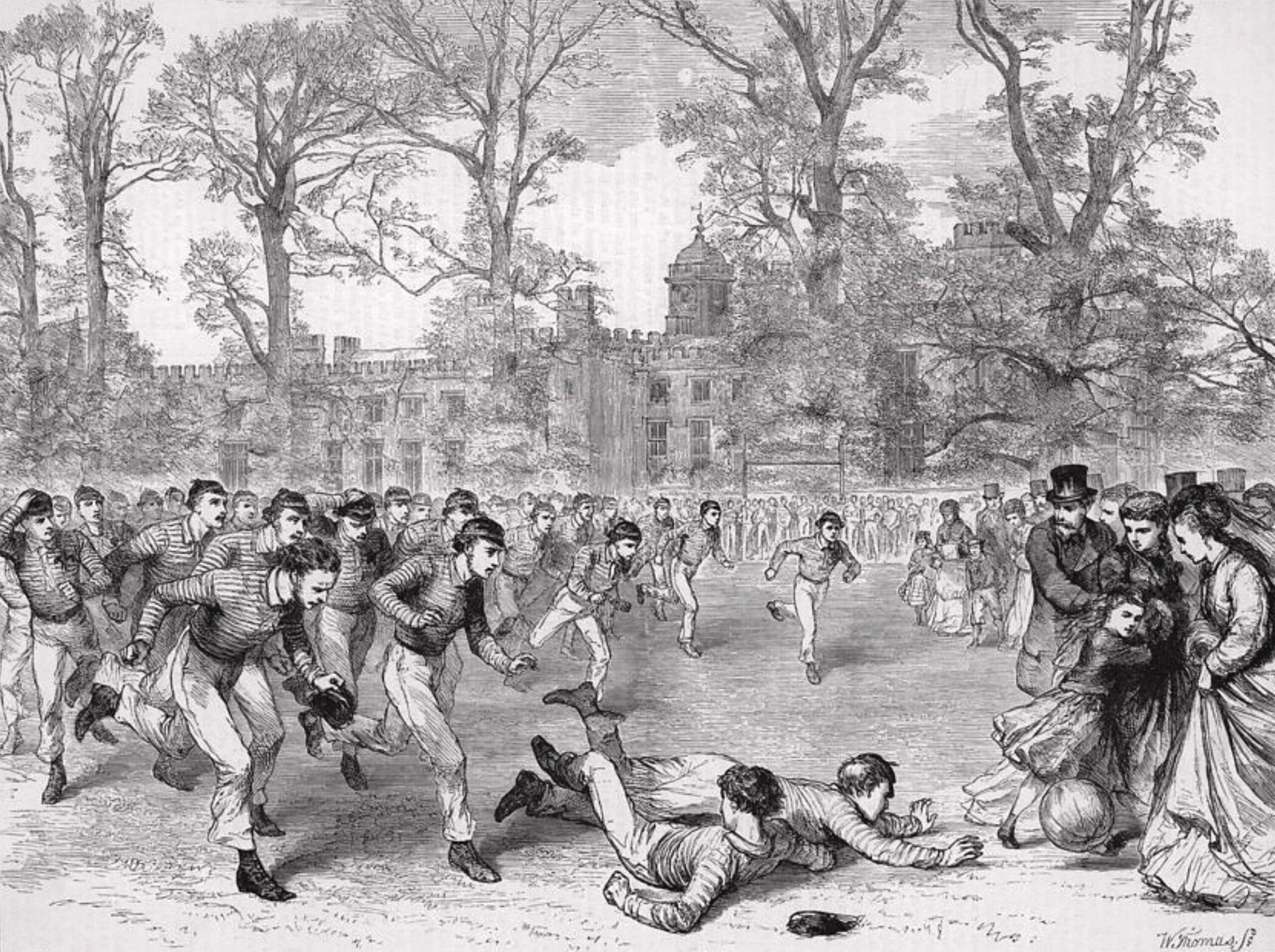 A rugby match being played at Rugby School in 1879, showing students in Victorian-era sports attire.