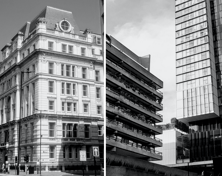 None of these three London buildings has load-bearing walls, but only those on the right express this outwardly. Author’s collection.