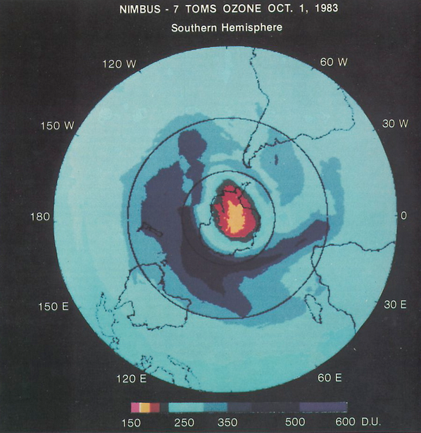 The size and magnitude of the ozone hole captured by NASA satellites in 1983