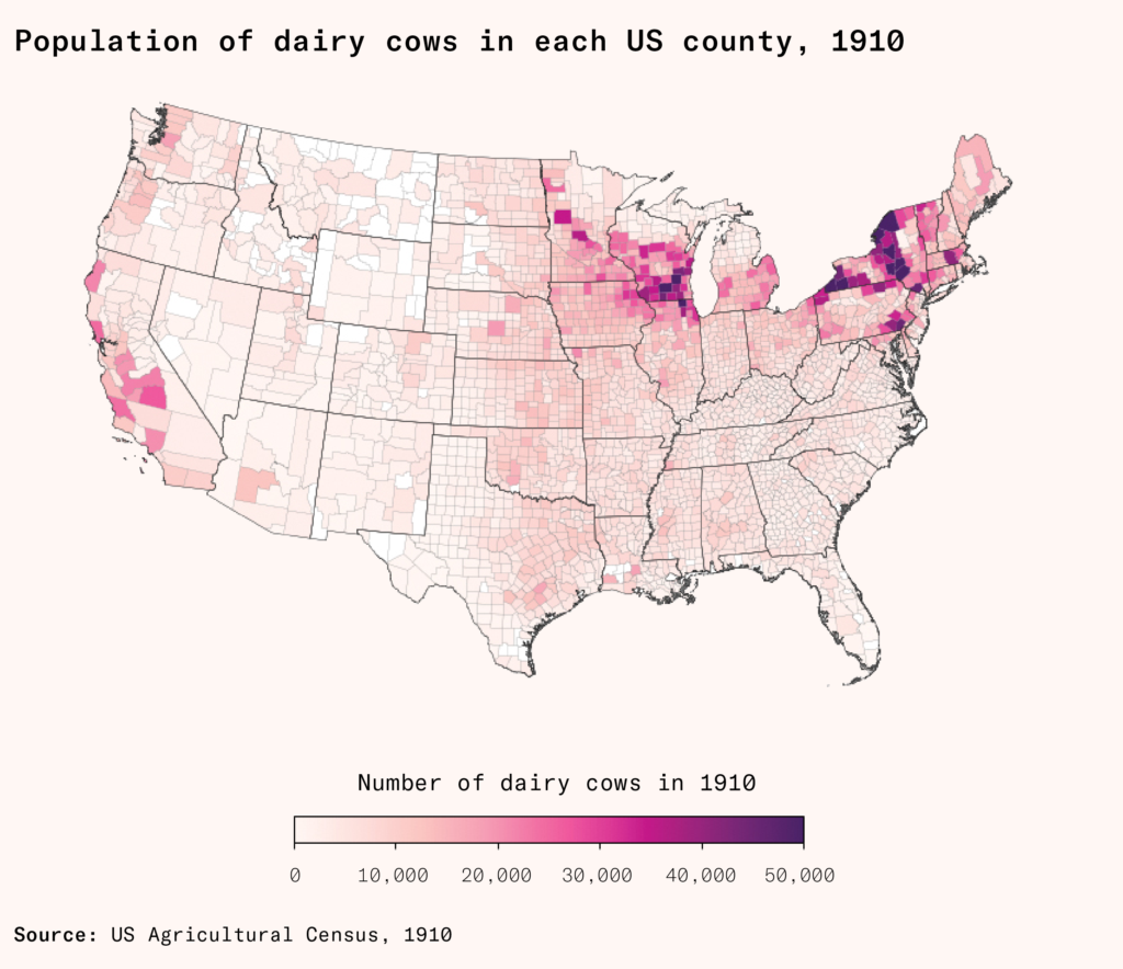 population of dairy cows by county in the US in 1910